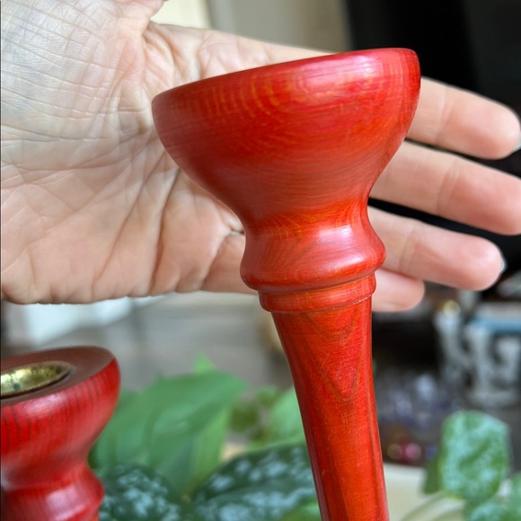 Vintage Red Wood Candle Holders Pair Made in Sweden - Picture 6 of 12
